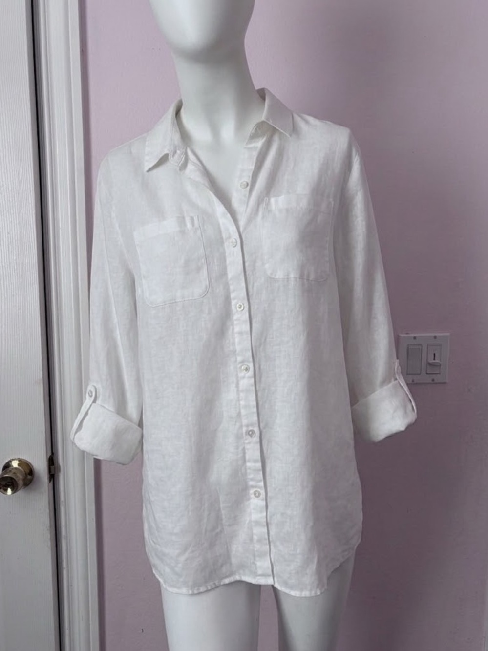 Charter Club 100% Linen White Roll Tab Sleeve Button Down Shirt Size L⁠